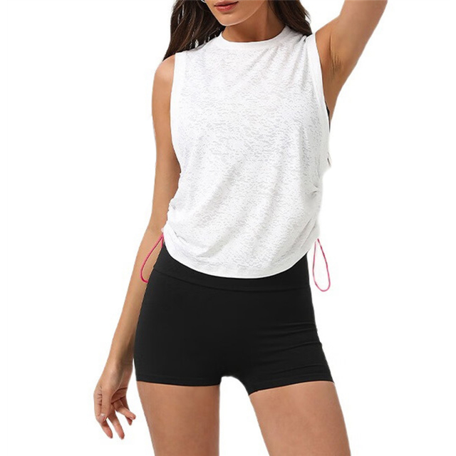 Women Racerback Sleeveless Workout Tops Crew Neck Ruched Side Tanks Athletic Casual Loose Shirts White L