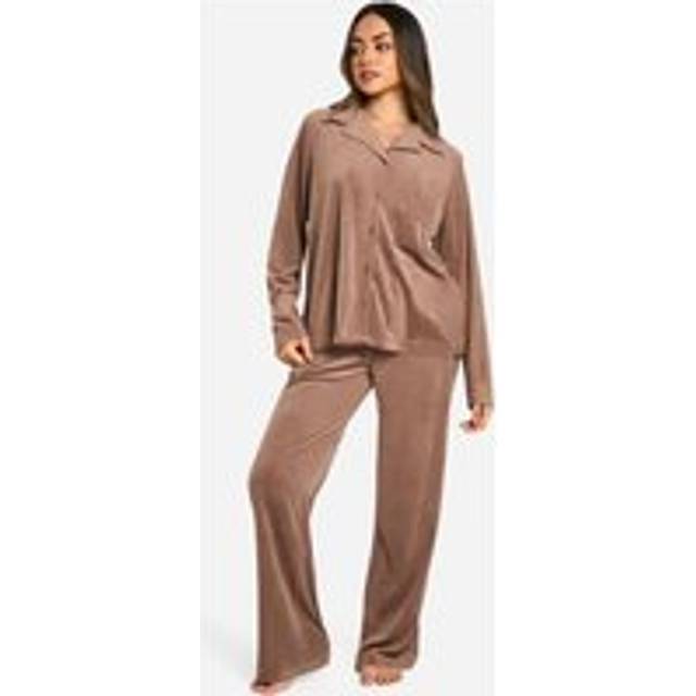 Womens Velour Fleece Button Up Trouser Pj Set - Brown - 6, Brown