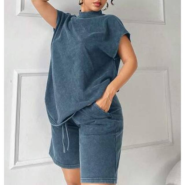 SHEIN 2pcs Set: Distressed Linen Turndown Collar Drop Shoulder T-Shirt & Wide Leg Bermuda Shorts, Casual Summer Outfit