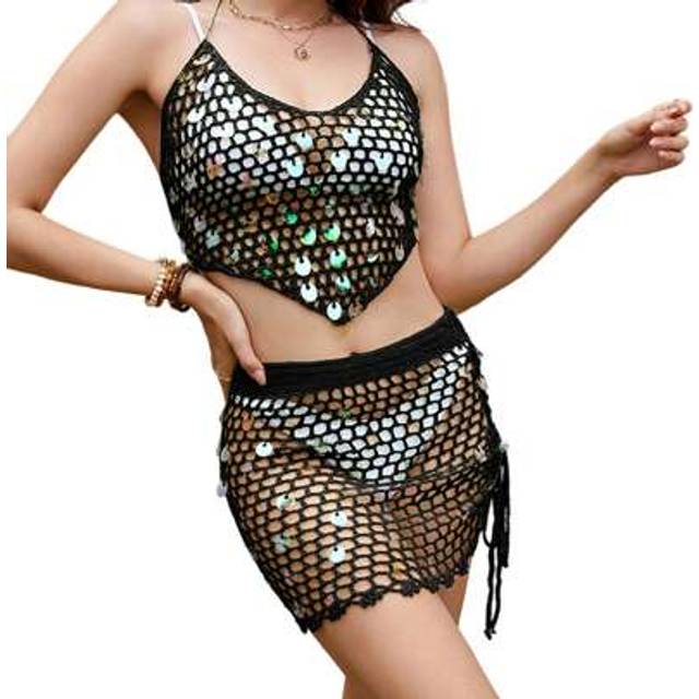 SHEIN Women&#39;s Sequin Bikini Set Fashionable Hollow Out Halter Neck Spaghetti Strap Tie Swimsuits Summer Knitted Two Piece Bathing Suit