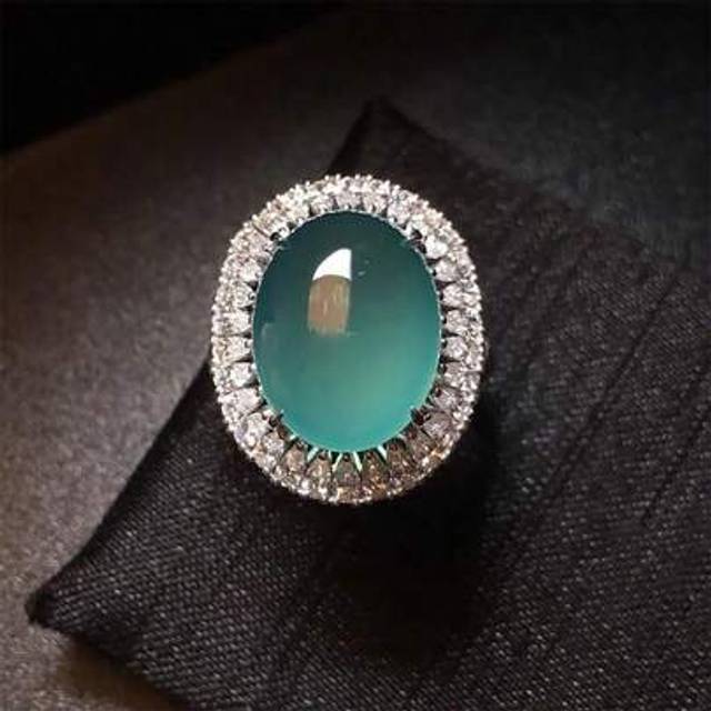 SHEIN 1pc High-Quality Gemstone Aquamarine Jade Ring With Pave Diamonds, Elegant Design For Women&#39;s Daily Wear