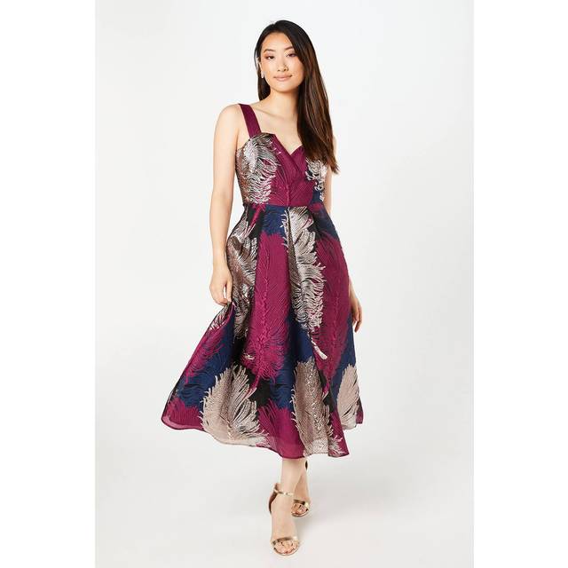 Coast womens formal dress multi metallic feather jacquard v neck midi length