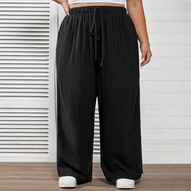 SHEIN Plus Size Loose Drawstring Waist Crinkle Cotton Wide Leg Casual Pants, Suitable For Summer Vacation/Graphic Tees