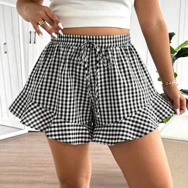SHEIN Plus Size Casual Check Print Ruffle Hem Shorts, Summer