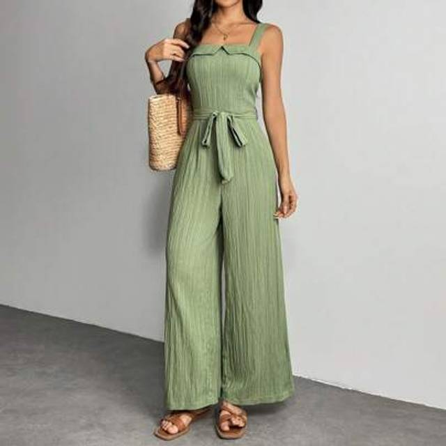 SHEIN Women&#39;s Solid Color Tie-Waist Wide-Leg Jumpsuit,Summer Outfits ,Vacation,Sage Green,Jumpsuit With Turn-Over Neckline And Tie-Up Waist. Wide Leg Trouse
