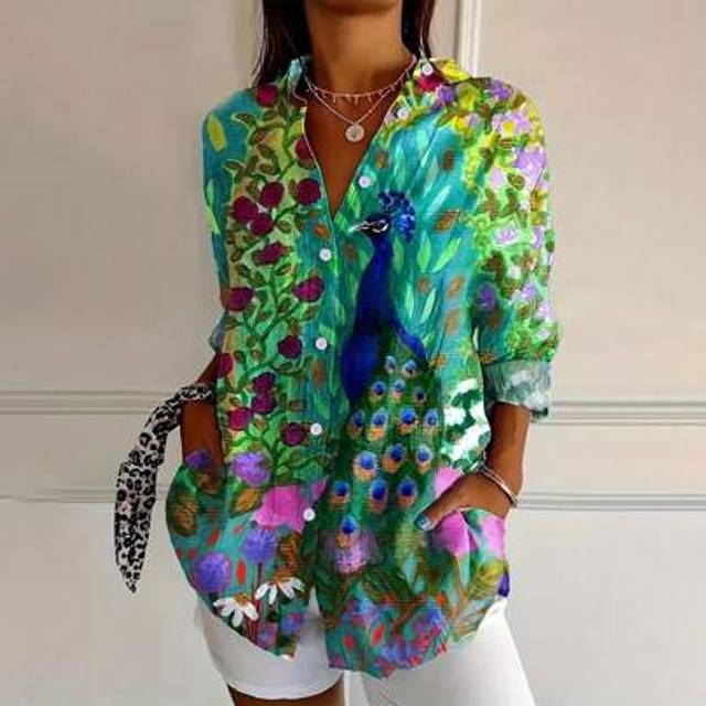 SHEIN Plus Size Women Elegant Casual Floral & Peacock Print Long Sleeve Shirt