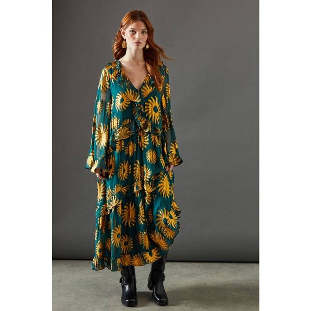 Warehouse womens midi dress green jacquard v neck long sleeve smocked waist