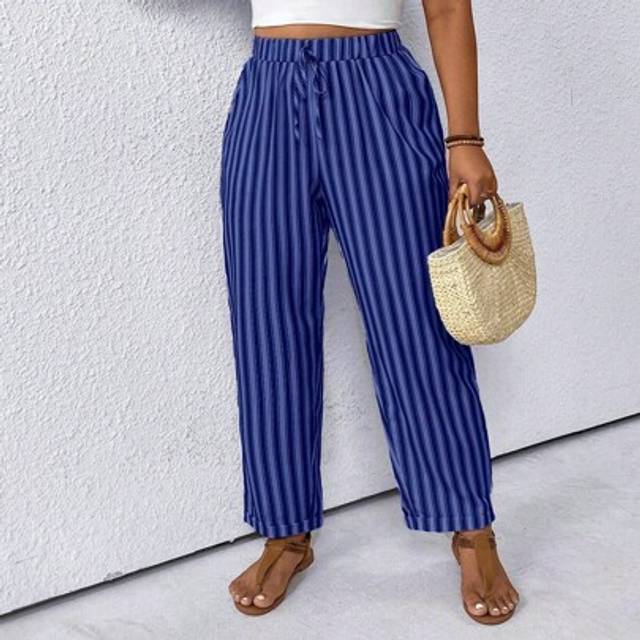 SHEIN Plus Size Striped Patchwork Cone-Shaped Casual Vacation Pants, Petite & Curvy