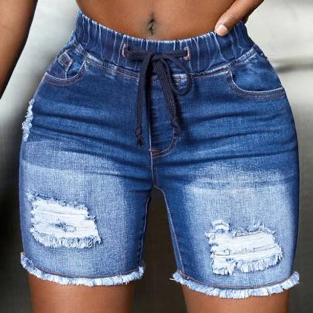 SHEIN Plus Size Women Drawstring Waist Pockets Distressed Fringe Hem Denim Shorts