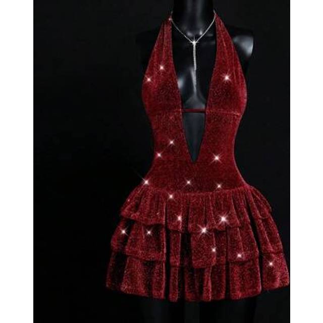 SHEIN Silver Graduation Summer Party Backless Deep V Halter Back Cut-Out Metallic Ruffled Hem Mini Dress