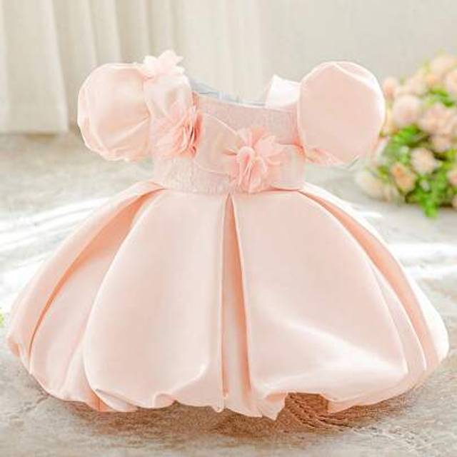 SHEIN Flower Girl Dress With Lace Trim And Puff Sleeves For Party, Wedding, Birthday, Baby Girl - Does Not Include Hair Accessories
