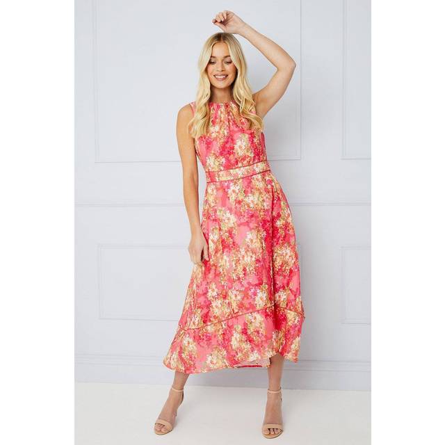 Womens Petite Occasion Floral Printed Jacquard Midi Dress - Coral - 14