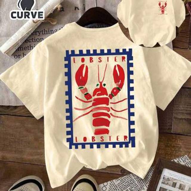 SHEIN Plus Size Women Casual Round Neck Short Sleeve T-Shirt With Lobster Pattern, Summer Going Out Outfit