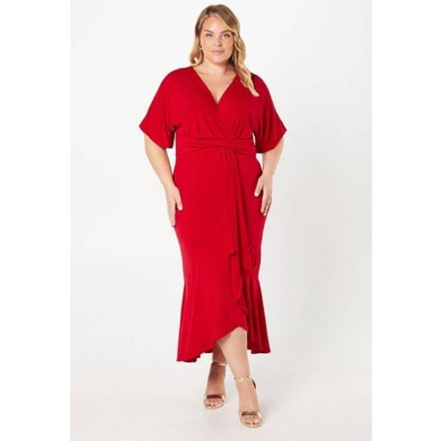 Plus Jersey Wrap Front Midi With Ruffle - Red - 22
