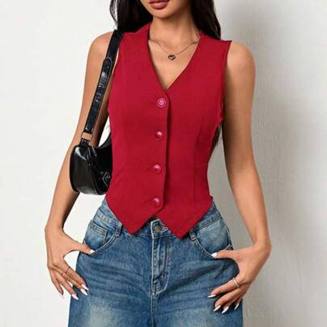 SHEIN Solid Color V-Neck Knitted Fitted Women Vest