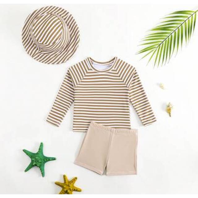 SHEIN Baby/Toddler Boy Striped Print Long Sleeve Swimsuit Set With Swim Cap, UV Protection, For Beach/Swimming