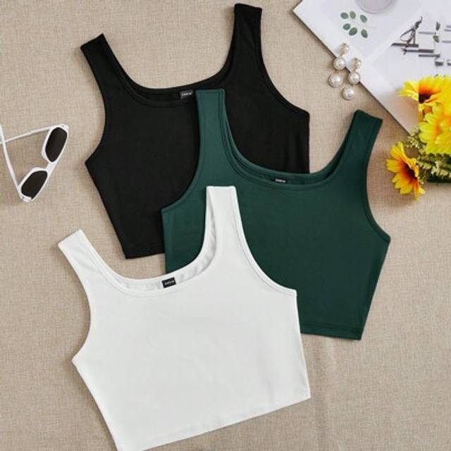 SHEIN 3pcs Women&#39;s Black, White & Green Seamless Cropped Active Tank Top, Suitable For Summer