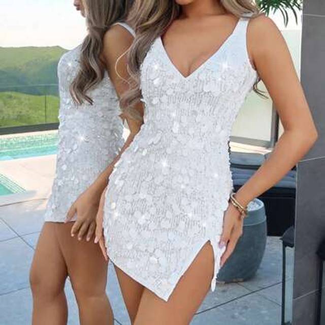 SHEIN Sexy Party Elegant Deep V-Neck Slit Sequin Bodycon Dress, Solid White Color Vacation Dress,Club Outfits Women Sexy