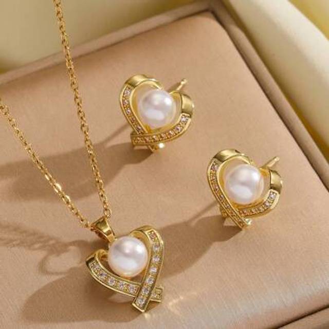 SHEIN 1pc Stainless Steel Chain Necklace, Pearl Necklace & Earring Set, Lightweight Luxurious Micro-Inlaid Unique Elegant Earrings, Necklace 2 Pieces Set (E