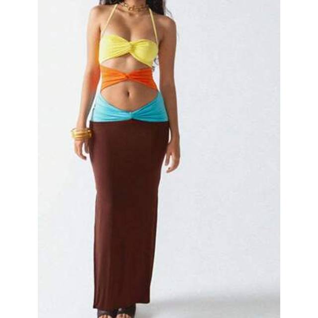 SHEIN Women Summer Long Bandeau Dress Halter Neck Sleeveless Off Shoulder Front Cutout Contrast Color Tube Top Dress, S/M/L