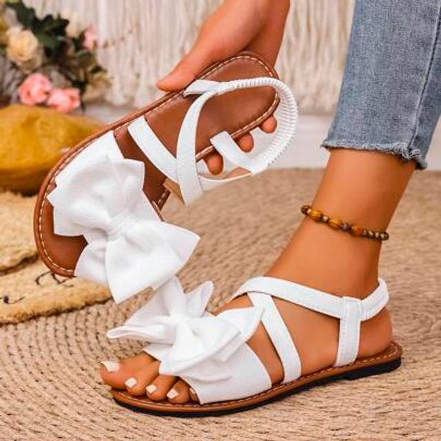 SHEIN New Cute Bow Tie Strap Flat Sandals, Casual/Holiday Style Suitable For Garden Party, Shopping, Daily Casual, Classic Black Bow Tie Strap Flat Sandals,