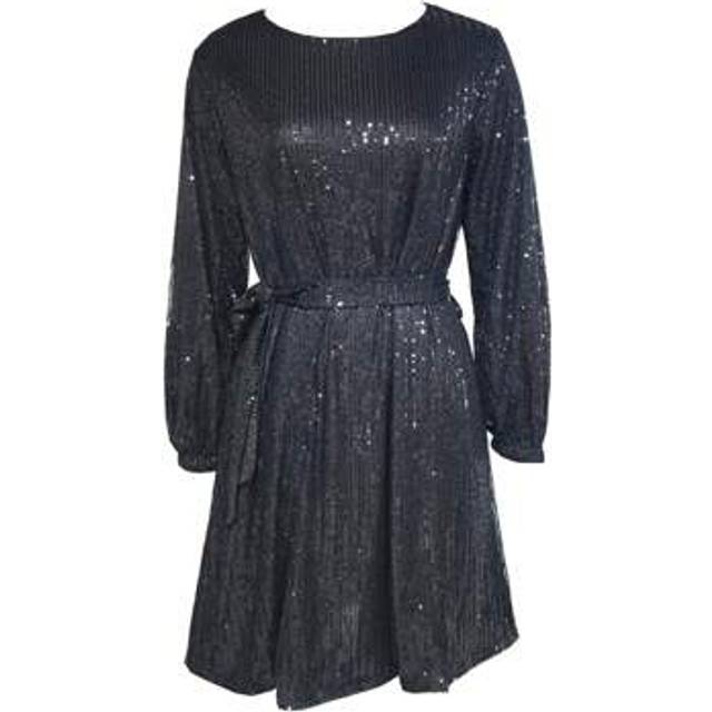 SHEIN Women Summer Sequin Mini Dress Long Sleeve Crew Neck Waist Tie Short Dress Party Club Cocktail Streetwear