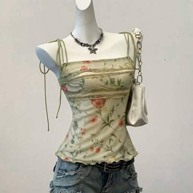 SHEIN Grunge Goth Summer Y2k  Printed Mesh Women Tank Top Western Wear Women
