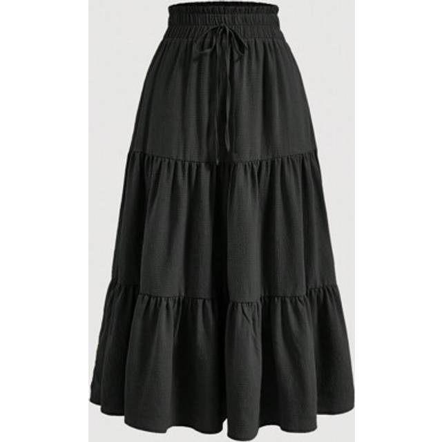 SHEIN Solid Drawstring Waist Ruffle Hem Skirt,Ladies Casual Knot,Ruffle Hem,Shirred Long Regular Fit Natural Black Plain Women Skirts,Summer/Fall,Casual Dai