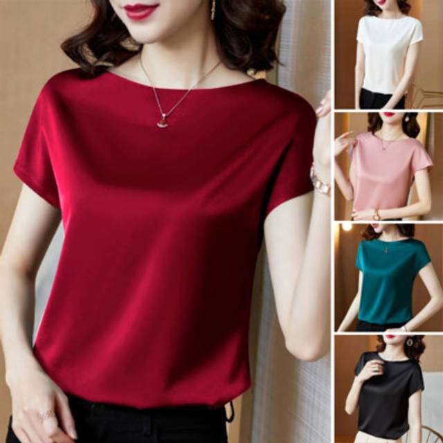 Uk women short sleeve o neck tops satin office ladies shirts casual loose blouse
