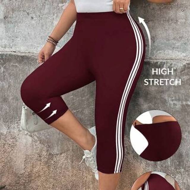 SHEIN Plus Size Women Elastic Waist Side Stripe Casual 7/8 Length Leggings