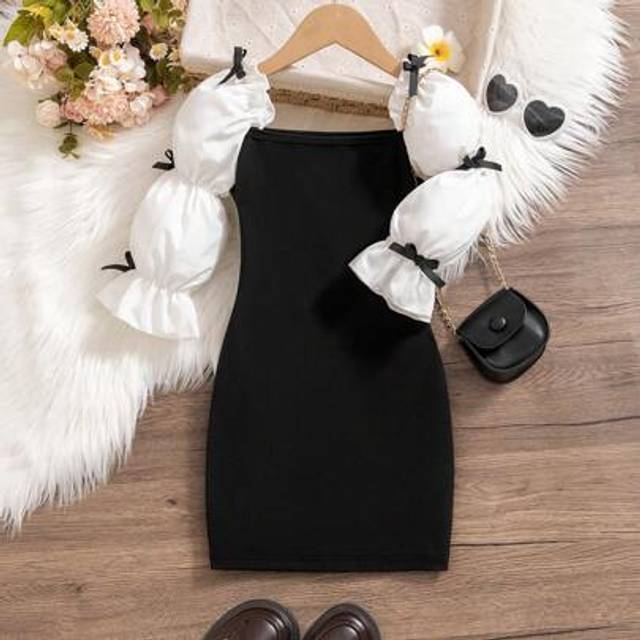 SHEIN Young Girl Elegant Ballet Style Dress With Bowknot, Ruffles, Lotus Sleeves & Square Neckline, Suitable For Parties Or Flower Girls, Spring/Fall/Winter