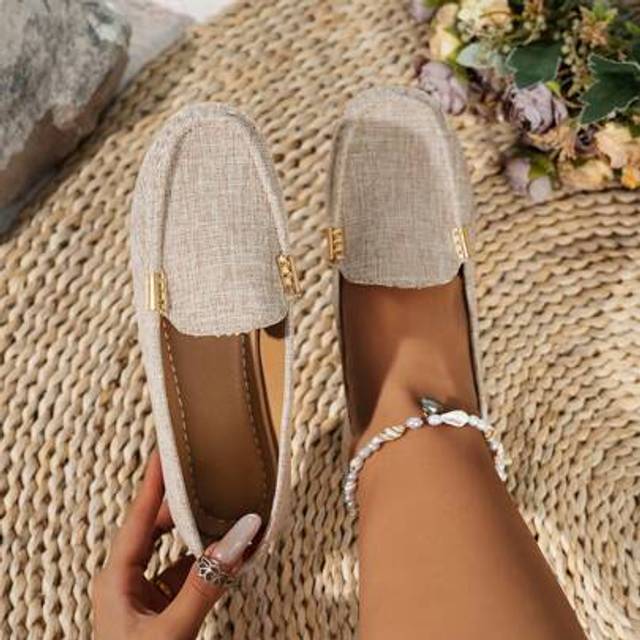 SHEIN Women Lace-Up Loafers, Linen Fabric Loafer Flats, Beige Round Toe Slip-On Loafers, Casual Loafers For Spring & Summer