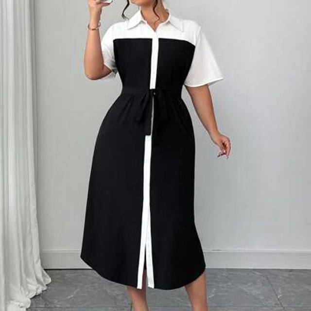 SHEIN Elegant Commuting Casual Simple Fashion Versatile Comfortable Fabric Shirt Collar Short Sleeve Button Cardigan Midi Dress, Black & White, Plus Size, S