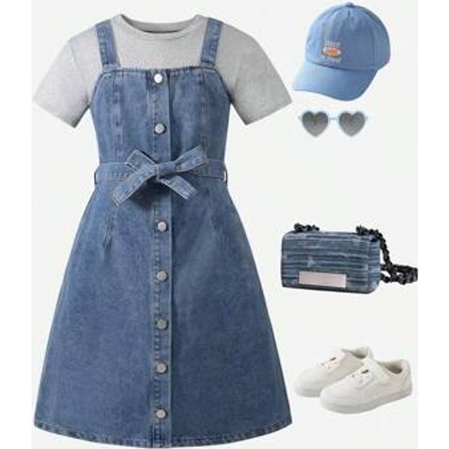 SHEIN 2pcs/Set Tween Girls Summer Daily Outfit: Short Sleeve T-Shirt Top And Denim Overall Dress With Belt