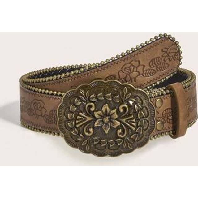 SHEIN Plus Size Western Accessories, 1pc Bohemian Vintage Fashion Rivet Edge Beaded Youth Belt, Punk Buckle Print Waist Belt, Suitable For Daily Wear, Stree