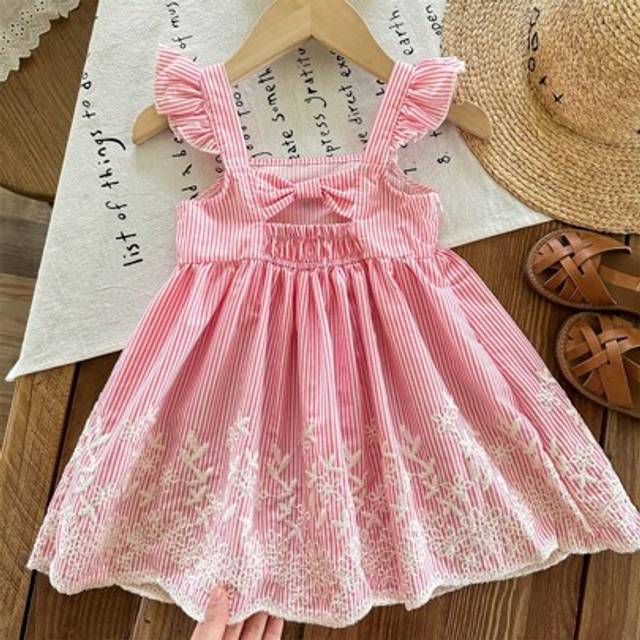 SHEIN Baby Girl Woven Embroidered Pattern Square Neck Ruffle Hem Fitted Dress