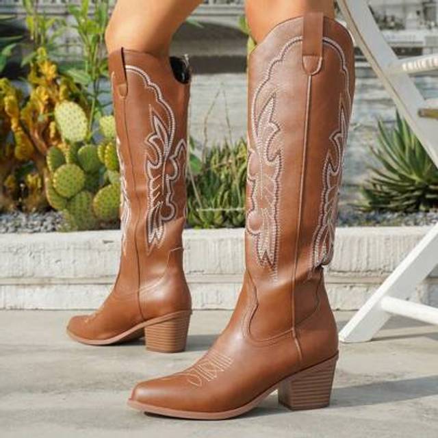 SHEIN New 2024 Outdoor Plus Size Fashion Women Western Embroidered Knee-High Boots