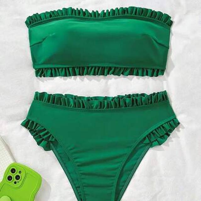 SHEIN 2-Piece Sexy Solid Color Flounce Trim Bandeau Bikini Set For Summer Vacation