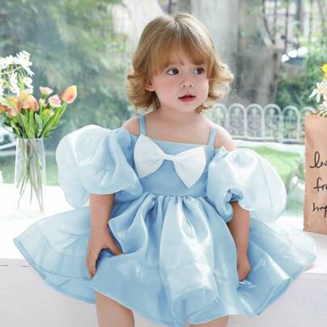 SHEIN Baby Girls&#39; Puff Sleeve Bow Decor Light Blue Party Dress, Elegant Princess Outfit, Suitable For 1st Birthday, Wedding, Banquet, Party, Special Occasio