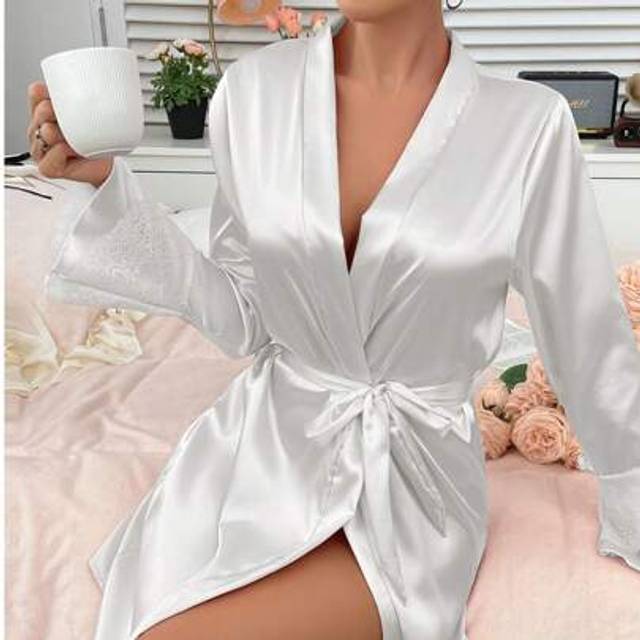 SHEIN 1pcWomen&#39;s Black New Long Sleeve Casual Comfortable Breathable Sexy Tie Home Bathrobe,Four Seasons Home Bathrobe,Summer Bathrobe,Autumn Bathrobe,Winte