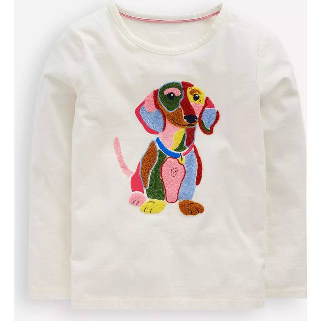 Mini Boden Kids' Cotton Long Sleeve Applique T-Shirt, Soft Ivory Dog