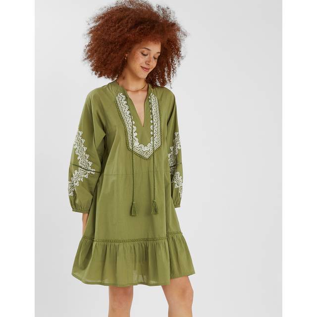 Accessorize Embroidered Long Sleeve Mini Dress, Khaki