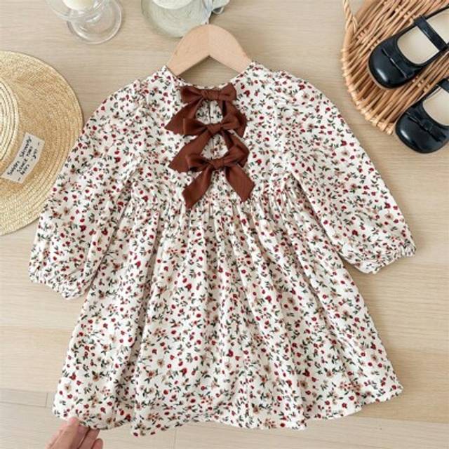 SHEIN Baby Girl Cute Resort Casual Apricot Ditsy Floral Pattern Bowknot Loose Long Sleeve Dress