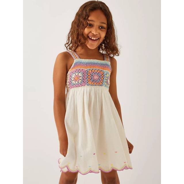 Monsoon Kids' Cotton Sleeveless Crochet Dress, White