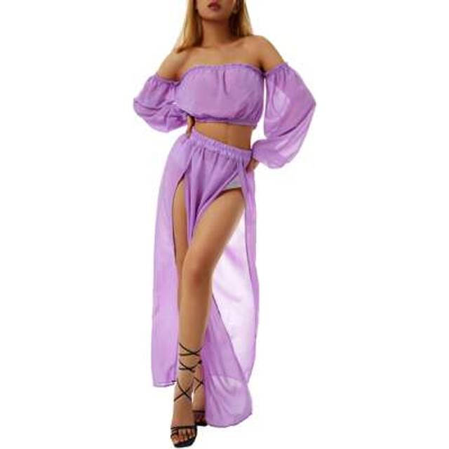 SHEIN Women Beach Cover Up Dress 2pcs Set Long Puff Sleeve Off Shoulder Tops Cover Up High Split Skirt Suit Vacation