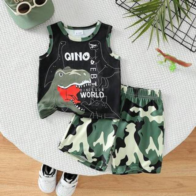 SHEIN Toddler Boy Summer Casual Dinosaur Print Tank Top & Shorts Set, Suitable For Outdoor Adventure, Home Comfort, Happy Party Time