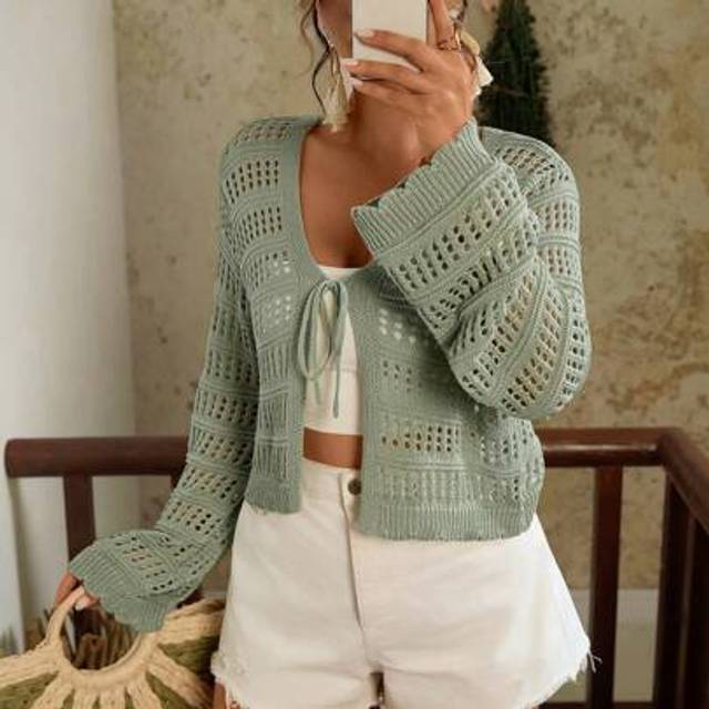Travachic Plus Size Military Green & Mint Green Tie Front Hollow Knit Cardigan, Versatile Casual Vacation Outerwear