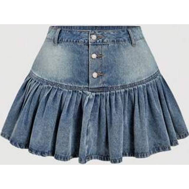 SHEIN Plus Size Denim Mini Skirt, Fashion For Summer Skirts Denim,Vintage Denim Pearl Button Mid-Waist A-Line Pleated Short Skirt,Birthday Skirts For Women,