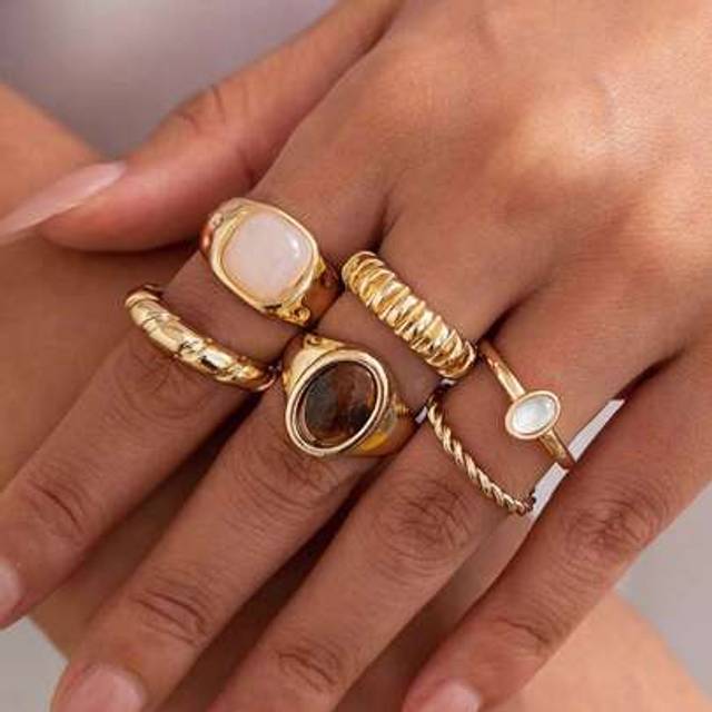 SHEIN 6pcs/Set French Minimalist Personalized Metal Vintage Rings, Suitable For Parties, Gifts, Daily Wear