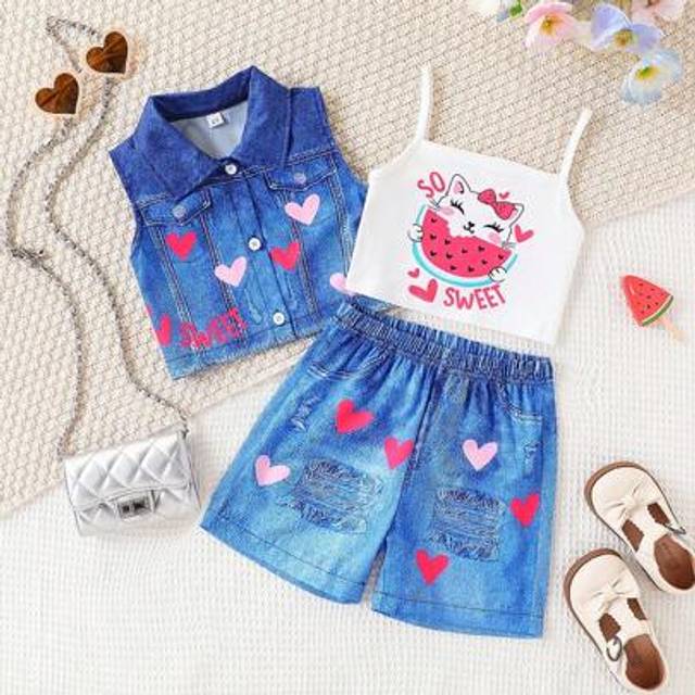 SHEIN 3pcs/Set Young Girl Casual Denim Printed Sleeveless Shirt + Shorts And Cute Watermelon & Kitten Graphic Camisole Set, Suitable For Summer Outdoor, Dai
